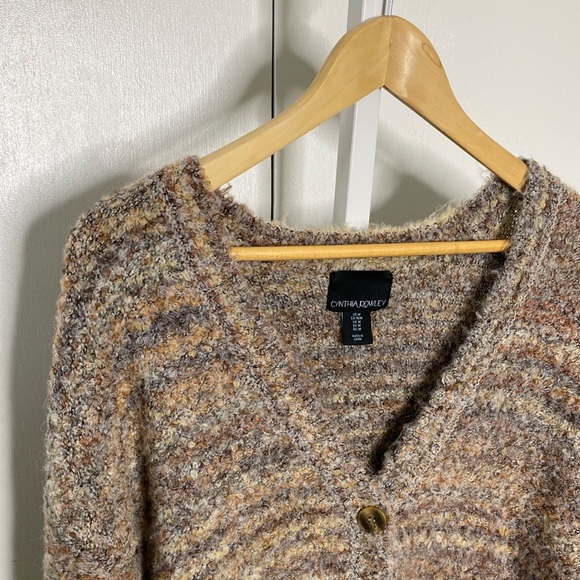 Cynthia Rowley | Tan/Neutral Stripe Cozy Girl Nubby Button-Down Cardigan Sz Med - Picture 3 of 11